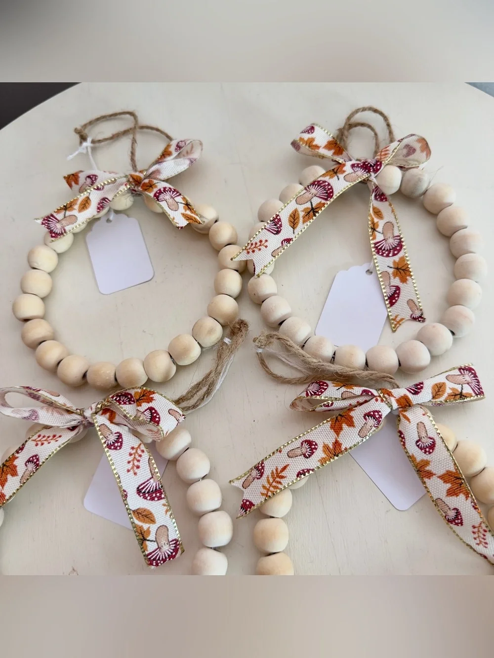 4 Handmade Fall Wood Beaded Wreath Ornaments With Mushroom Print Bows